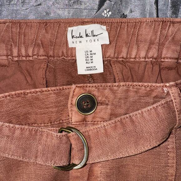 Nicole Miller Linen Blend Cargo Pants Womens Medium Orange Brown Belted Ankle - Picture 6 of 9